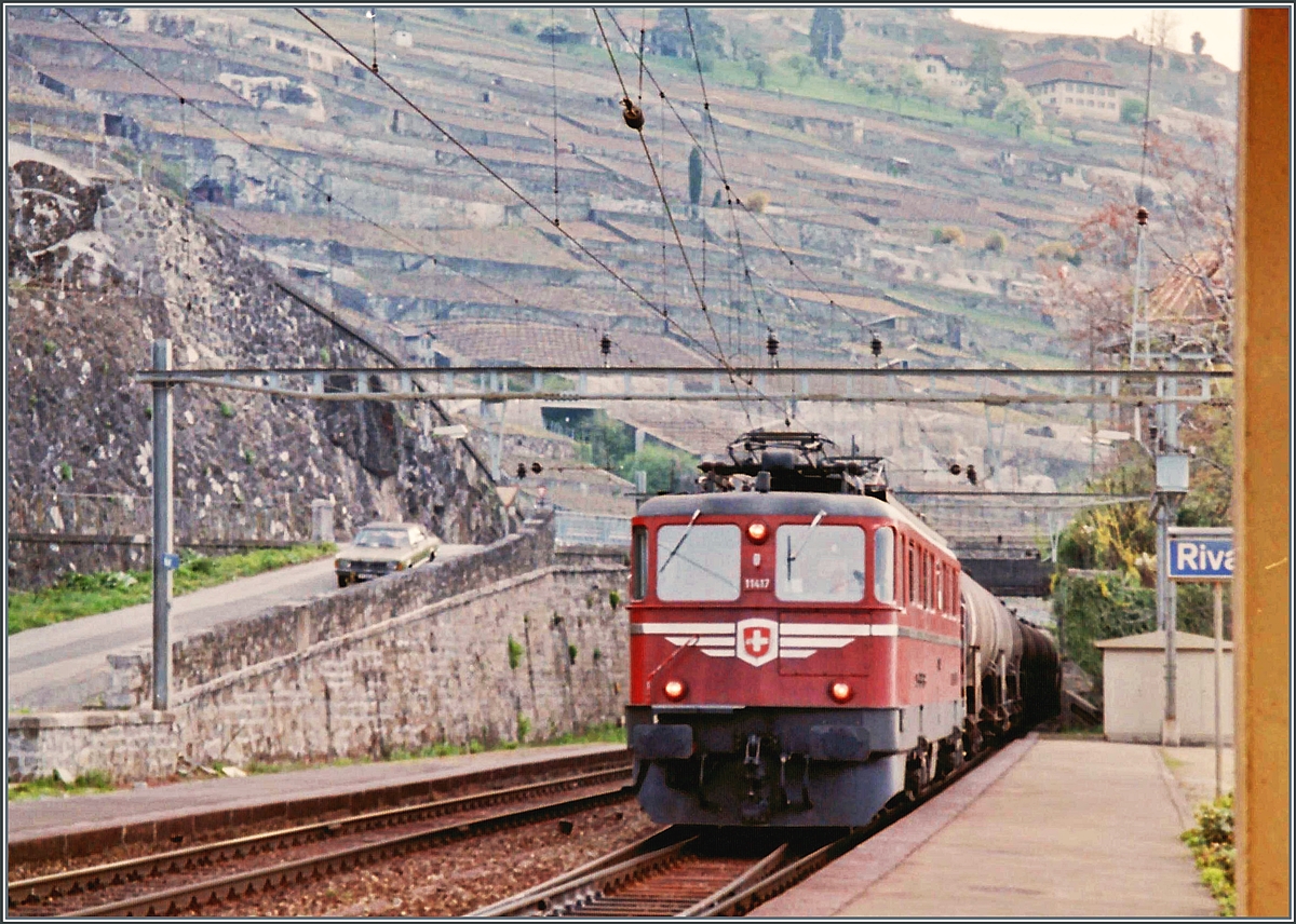 Die SBB Ae 6/6 11417  Fribourg  fährt mit einem Güterzug in Rivaz durch.

April 1995