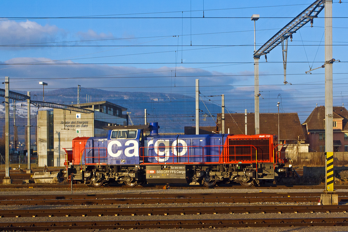 
Die SBB Cargo Am 843 065-4 (MaK 1700), abgestellt am 25.02.2012 beim Bahnhof Yverdon-les-Bains, aufgenommen aus einem fahrenden ICN. 

Die Lok wurde 2004 unter der Fabrik-Nr. 1001409  bei Vossloh in Kiel (ehem. MaK) gebaut. Die Am 843 verfgt ber einen Mikropartikelfilter und gilt als eine der saubersten Diesellokomotiven. Die Am 843 basiert auf den dieselhydraulischen Standardlokomotiven des Typs G 1700-2 BB des Kieler Schienenfahrzeugherstellers Vossloh, ist aber im Gegensatz zur Standard-Version auf den in der Schweiz blichen Linksverkehr ausgelegt. 

Technische Daten:
Spurweite:  1.435 mm 
Achsfolge:  B´B´
Lnge ber Puffer: 15200 mm
Drehgestellmittenabstand:  7.700 mm
Drehgestellachsstand: 2.400 mm
grte Breite:  3.080 mm
grte Hhe ber Schienenoberkante:  4.220 mm
Raddurchmesser neu:  1.000 mm
kleinster befahrbarer Gleisbogen:  60 m
Dienstgewicht:  80 t
Kraftstoffvorrat: 3500 l
Motor :   Caterpillar 12-Zylinder-4Takt-Dieselmotor mit Abgasturbolader und Ladeluftkhlung vom Typ 3512 B DI-TA-SCAC. Mit 322 Liter Schmierl und 134 Liter Khlwasser  hat der Motor ein Gewicht von 7.700 kg.
Leistung: 1.500 kW (2.040 PS)
Drehzahl:  1.800 U/min
Getriebe:  Voith L 5r4 zseU2 
Hchstgeschwindigkeit:  40 km/h im Rangiergang / 100 km/h  im Streckengang
