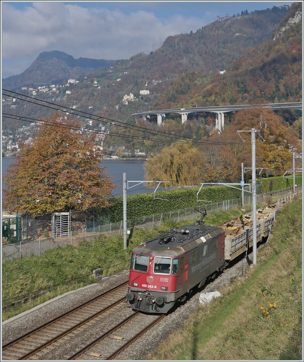 Die SBB Cargo Re 4/4 II 11243 (Re 420 243-8)  Wartung mit Durchblick  erreicht mit einem Güterzug den Bahnhof von Villeneuve. 

14. Nov. 2024