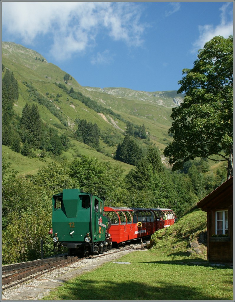 Die talwrts fahrende BRB H 2/3 N 12 erreicht mit ihrem fast leeren Zug 4 Planalp.
30. August 2013