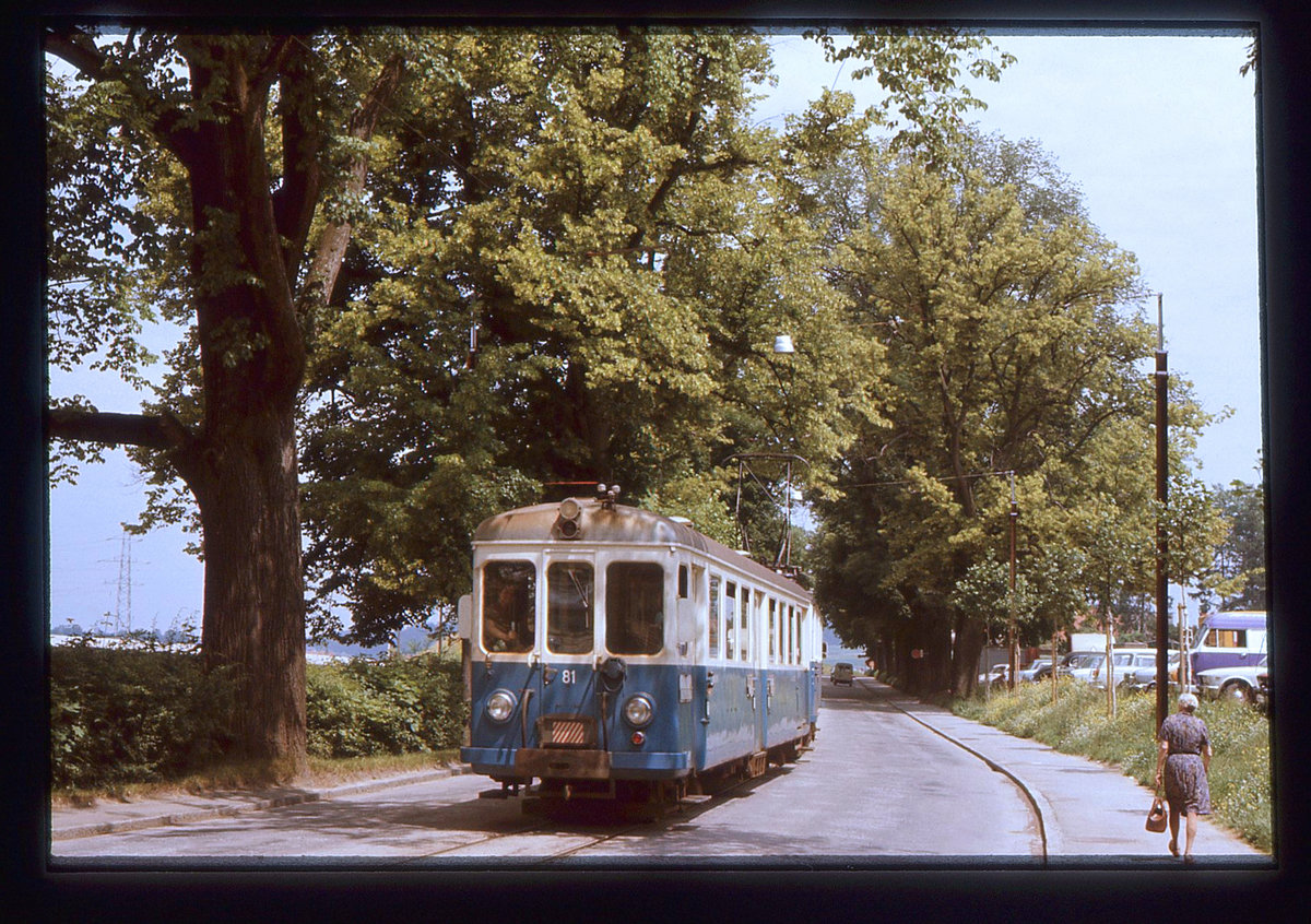 Ehemalige Vereinigte Bern-Worb-Bahnen VBW, Bern Kornhausplatz - Bolligen - Worb-Linie: Triebwagen 38 mit Steuerwagen 81 auf der einstigen Linie zwischen Ittigen und Wankdorf Stadion, bei Eyfeld, 28.Juni 1973 