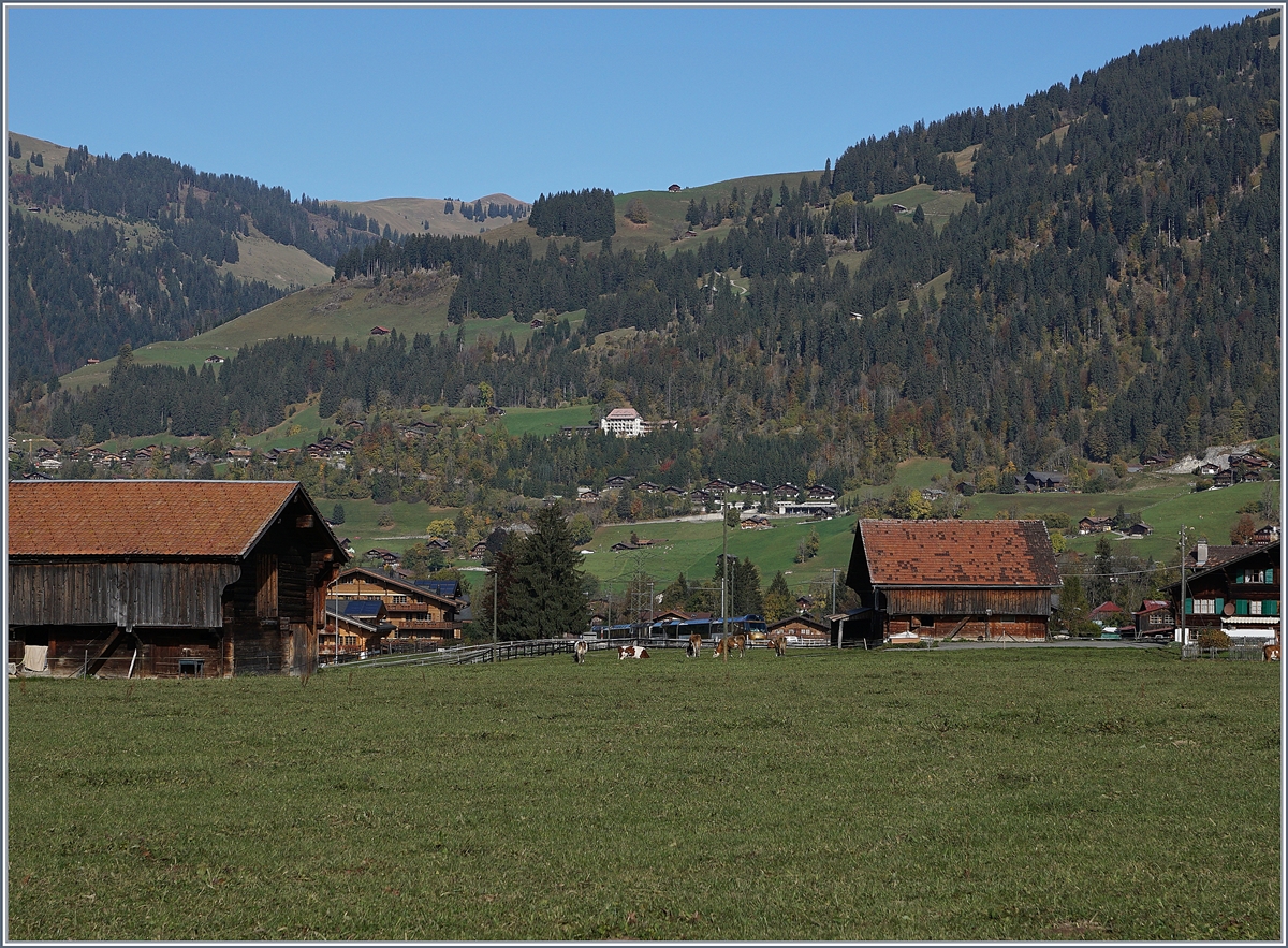 Ein Zugsuchbild: Zwischen Ställen, Häusern und Linsenputzern sucht sich der MOB Panoramic Express bei Gstaad seinen Weg.
10. Okt. 2017