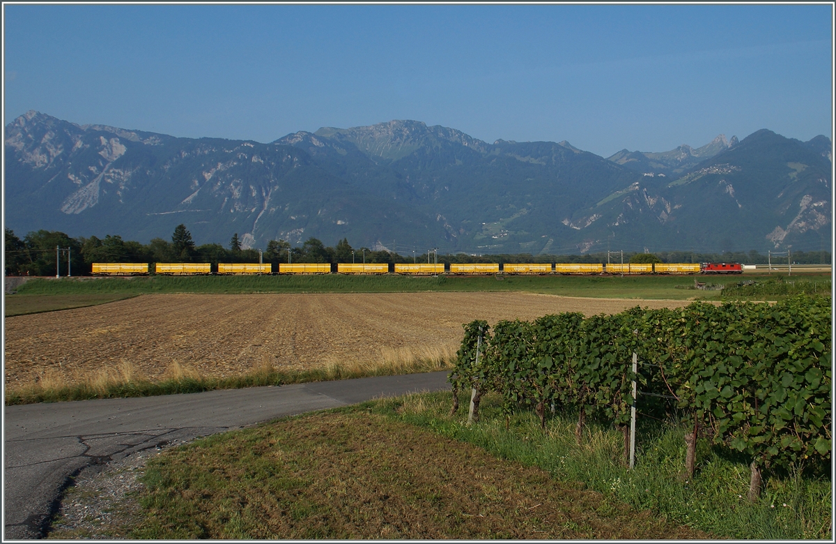 Eine SBB Re 4/4 II mit einem Postzug kurz nach Aigle.
12. August 2015