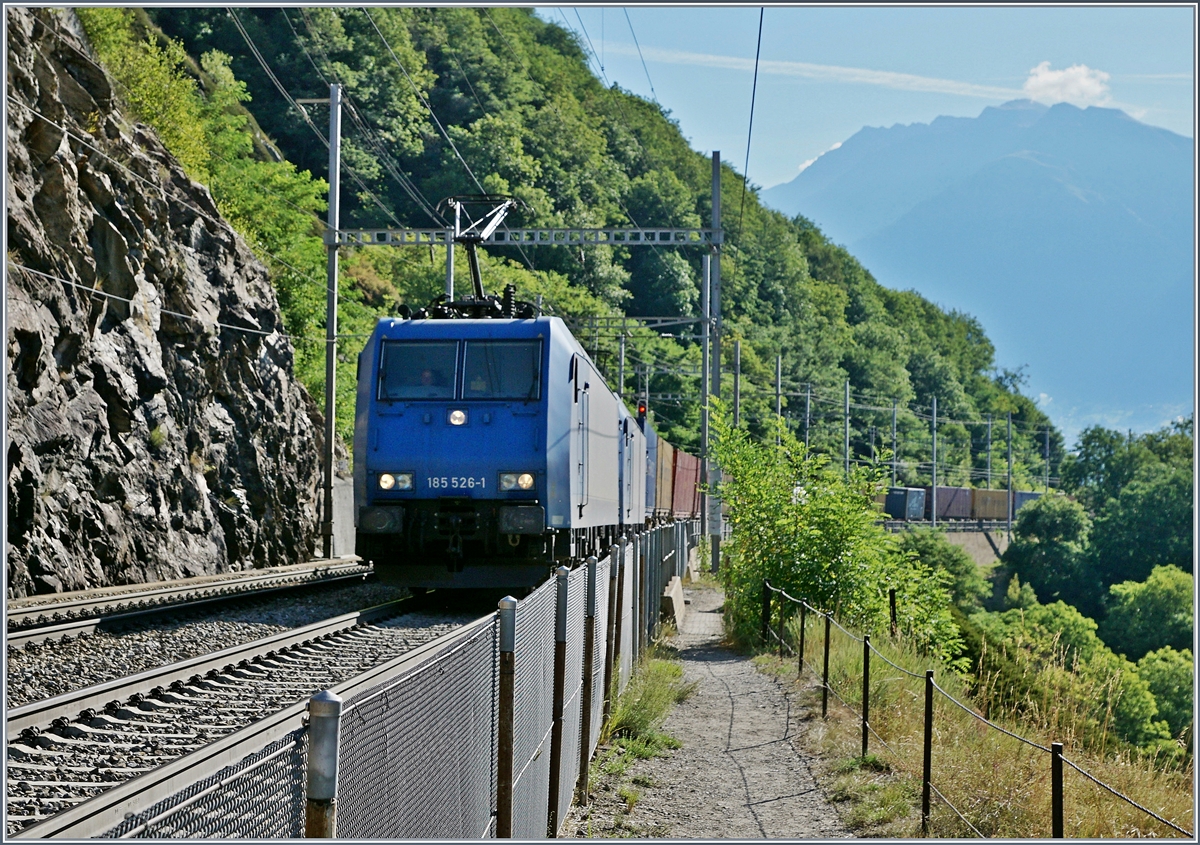 Es war einmal...
Es war einmal in einem fremden Land ein kleines Zwerglein, dass verkündete Land auf Land ab, dass am Sonntag keine Güterzüge fahren. 
Und wenn das Zwerglein nicht gestorben ist, so fotogarfiert es auch heute noch KEINE Güterzüge am Sonntag.
... ich aber wurde bei Lalden von einem  nicht am sonntag fahrenden  Güterzug überascht; ich hoffe die  Notschlachtung kommt trotzdem an.
Zwei 185 fahren kurz vor Lalden bergwärts. 
14. August 2016 
 