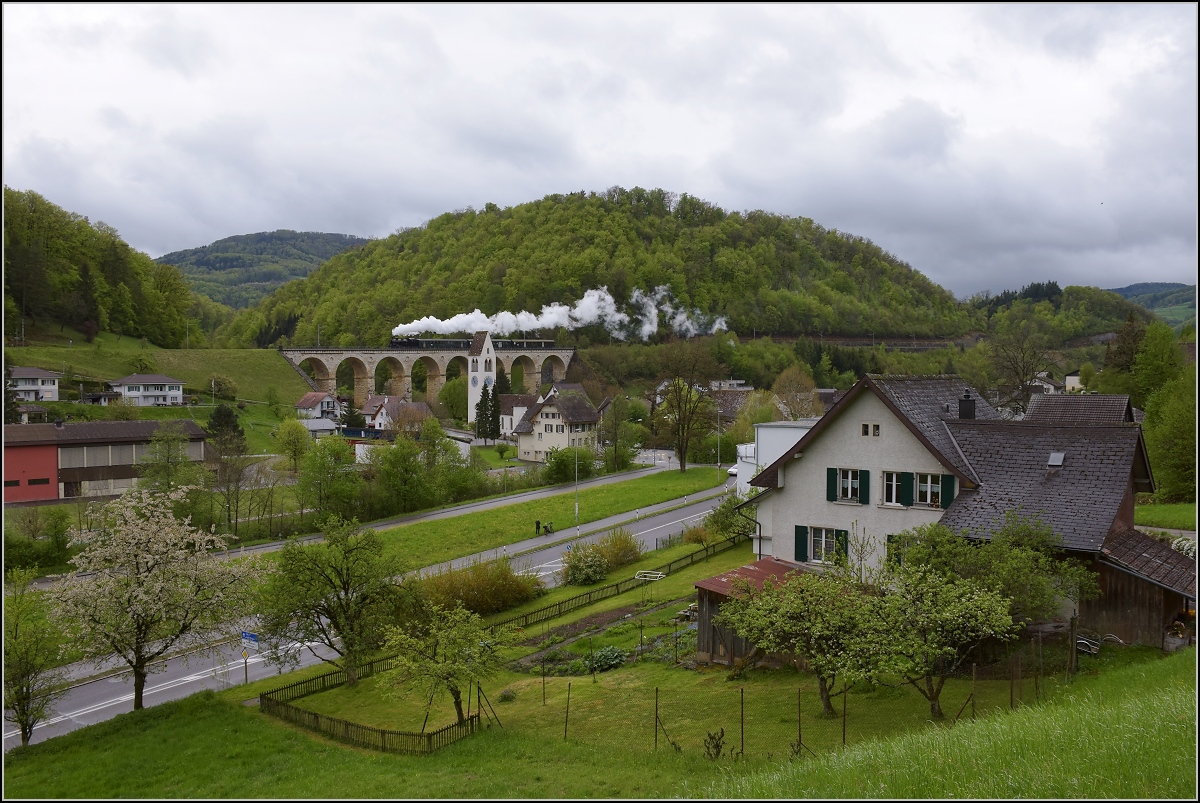 Fahrleitungsstörung nannte sie die Veranstaltung, um an die Dampfreserve in Olten für solche Fälle zu erinnern. Der Klassiker auf dem Rümlinger Viadukt mit Eb 3/5 3819. April 2019.