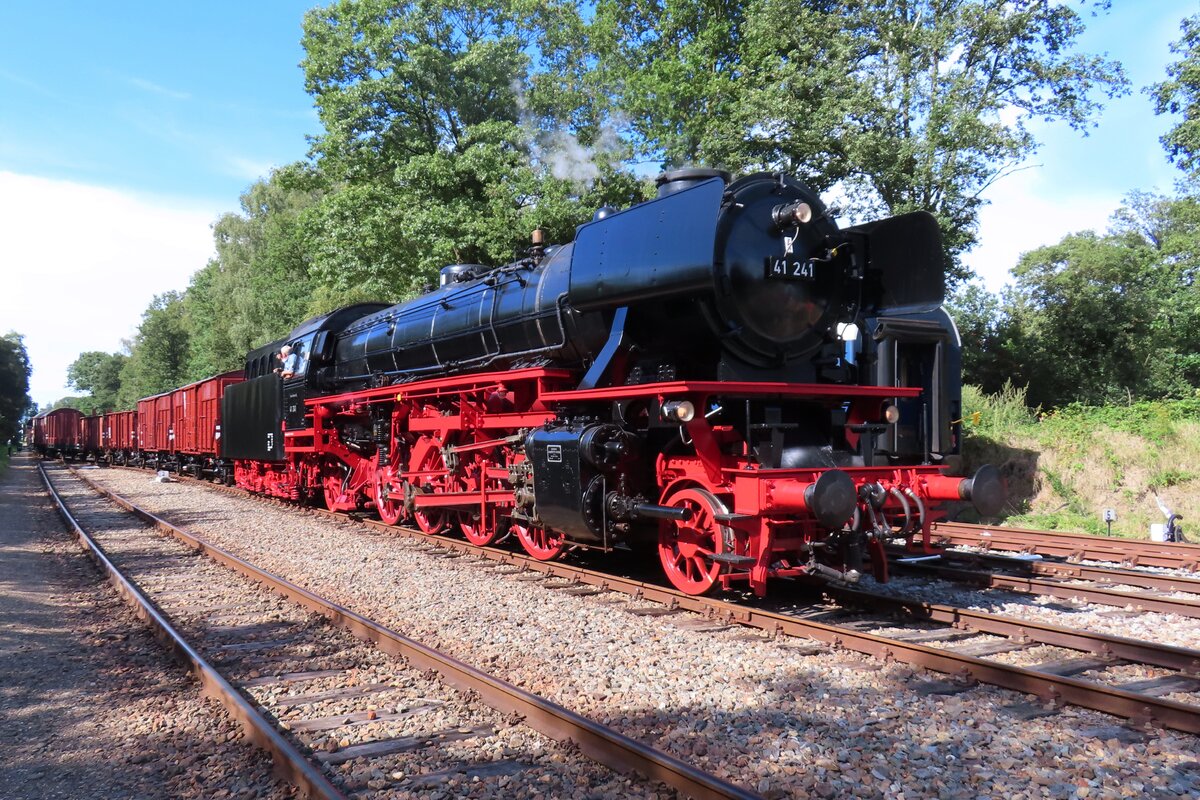 Gerade rechtzeitig betriebsfhig ist 41 241 der VSM geworden und am sonnigen 3.September 2023 strahlt sie im vollen Pracht beim Einfahrt in Loenen mit ein Fotoguterzug whrend terug naar Toen, dass grsste Dampflokfestival der Niederlande.