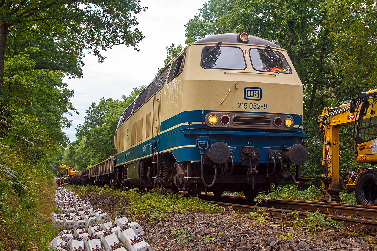 
Gleiserneuerung der Hellertalbahn (KBS 462) auf 8 km zwischen Holzhausen und Haiger. 

Die 215 082-9 der Aggerbahn (Andreas Voll e.K., Wiehl), eigentlich 225 082-7 (92 80 1225 082-7 D-AVOLL), ex DB 225 082-7, ex DB 215 082-9, ist am 21.08.2020 bei Haiger-Allendorf mit einem Schwellenzug im Einsatz. Die Schellen vom Zug mit einem Bagger abgeladen und an die Seite gelegt. Es erfolgt ein konventioneller Gleisumbau (ohne Umbauzug). Die Streckensperrung ist vom 21.08. bis 08.10.2020 geplant.
