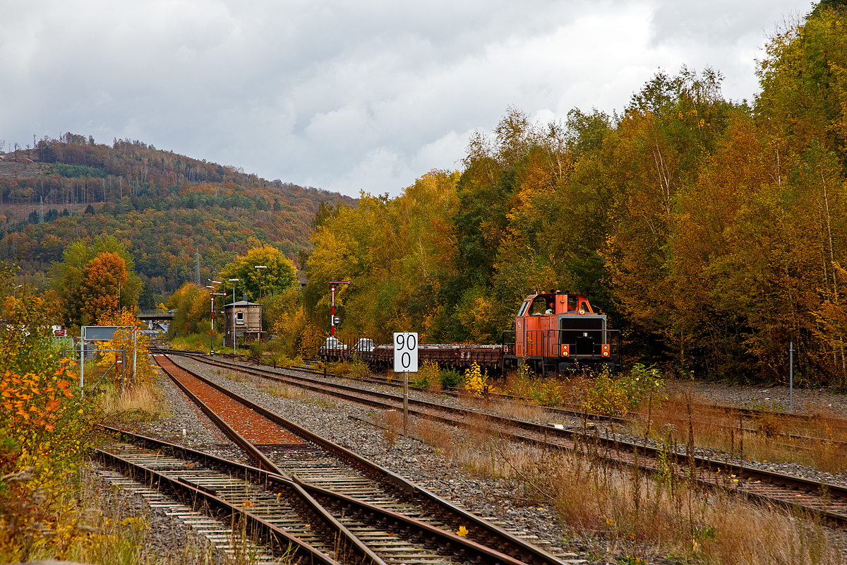 Herbstzeit in Herdorf....
Die BBL 15 alias 214 026-7 (92 80 1214 026-7 D-BBL) der BBL Logistik GmbH, ex 212 288-5, ex DB V 100 2288, hat am 23.10.2021 einen Zug mit Gleisbaumaterial in den Bahnhof Herdorf gebracht. Nun wartet sie noch aufs Abladen.

Hinten das Weichenwärter-Stellwerk Herdorf Ost (Ho).
