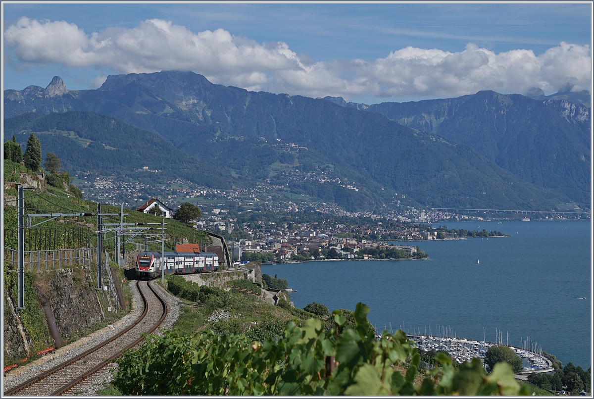 Hier ist natürlich mehr die Aussicht das Motiv, als der die 38 Promille steile Strecke von Vevey nach Chexbres herauffahrende SBB RABe 511.
26. August 2018