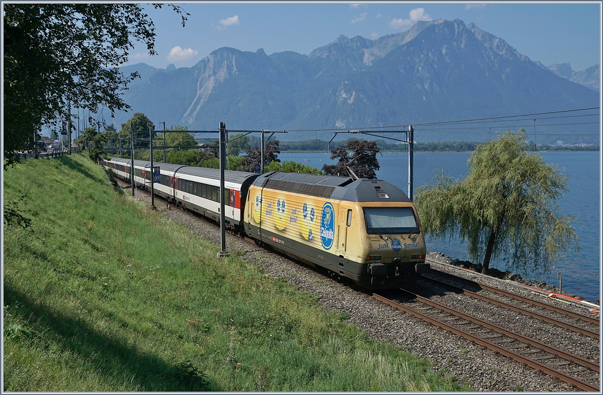 Ich finde auch  Schlosslos  und als Nachschuss hat die Fotostelle beim Château de Chillon ihren Reiz, besonders wenn die bunte Bananen Re 460 029 vorbeifährt.
3. August 2018