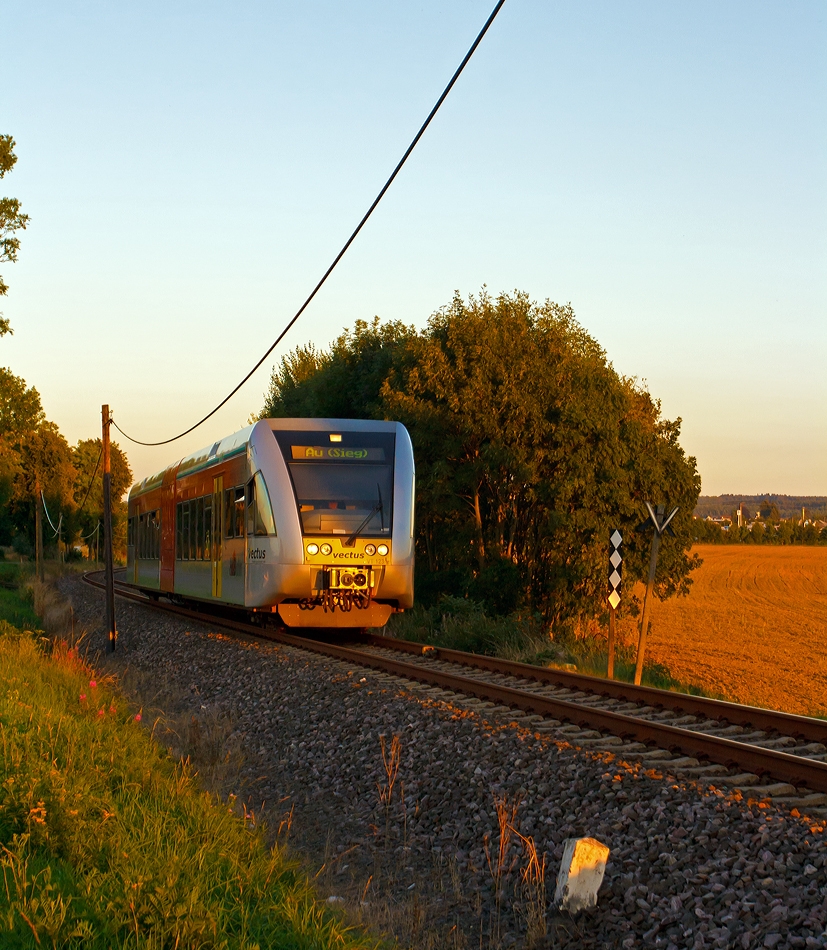 im letzten Licht an der Oberwesterwaldbahn (KBS461)...

Der VT 123 der vectus Verkehrsgesellschaft mbH, ein Stadler GTW 2/6, fhrt am 05.09.2013 (19:46 Uhr) der untergehenden Sonne entgegen, hier hinter Hachenburg in Richtung Altenkirchen.
Er fhrt als RB 28 (Oberwesterwald-Bahn) die Verbindung Limburg(Lahn) - Westerburg - Hachenburg - Altenkirchen - Au (Sieg).
Eine freundlichen Gru dem Tf retour.