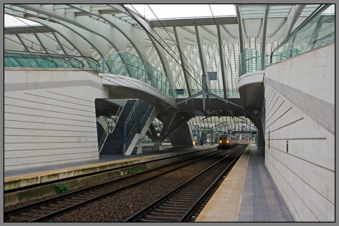 In dem monomentalen Bahnhof von Lige Guillemins (Lttich) wirkt der SNCB/NMBS Triebzug 646 ein AM70 JH sehr winzig. Der hier am 23.11.2013 am Gleis 4 steht. Die Blickrichtung ist Nordost (Richtung Brssel).