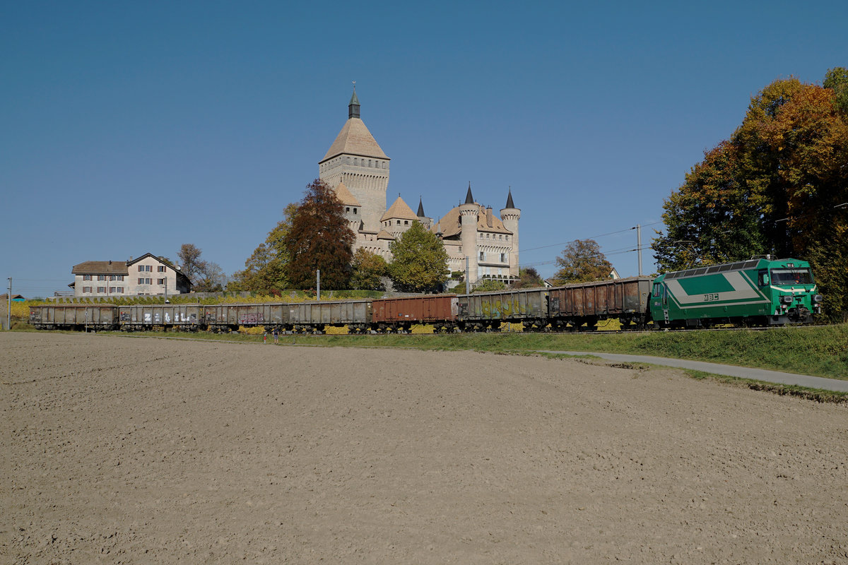 Jahresrückblick 2017
von Walter Ruetsch, Riedholz
OKTOBER
MBC/BAM: Transports de la Région Morges Bière Cossonay.
Einer der letzten Zuckerrübenzüge mit der Ge 4/4 22 und 7 EAOS, verladen auf Rollböcken, bei Vufflens le Château am 17. Oktober 2017.
