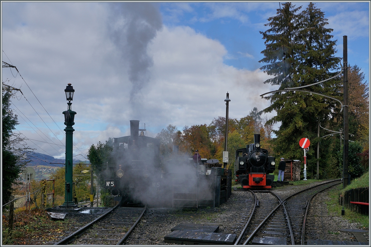  LA DER 2020 du Blonay-Chamby  / Saison Abschluss der Blonay-Chamby Bahn: Mit einem verstärkten Fahrplan und viel Dampf wird vor dem  Winterschlaf  (bzw. Arbeit im Dépôt Chaulin) nochmals viel Betrieb gemacht. Während die G 3/3 N° 5 (ex LEB, Baujahr 1890) in Chaulin schon kräftig dampft, wird die G 2x 2/2 N° 105 (Baujahr 1918) für die Nachmittagsdampfzüge zurecht gemacht.

24. Okt. 2020