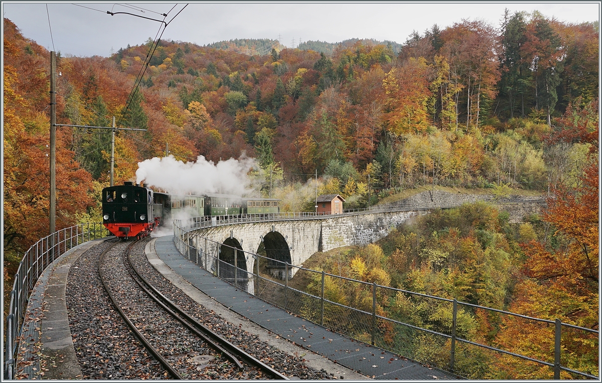 La DER 2021 du Blonay-Chamby - die Blonay-Chamby G 2x 2/2 105 befährt mit ihrem Zug aus grünen Wagen den Baye de Clarnes Viadukt.

30. Oktober 2021