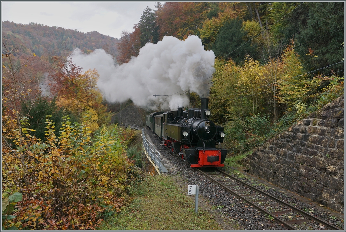 La DER 2021 du Blonay-Chamby - Die Blonay-Chamby G 2x 2/2 105 ist ihrem Zug aus grünen Wagen in der Baye de Clarnes Schlucht bei Kilometer 7.6 unterwegs und wird in Kürze Cornaux erreichen. Bei dem eher kühlen Wetter gab es herrliche Rauchfahnen. 

30. Oktober 2021