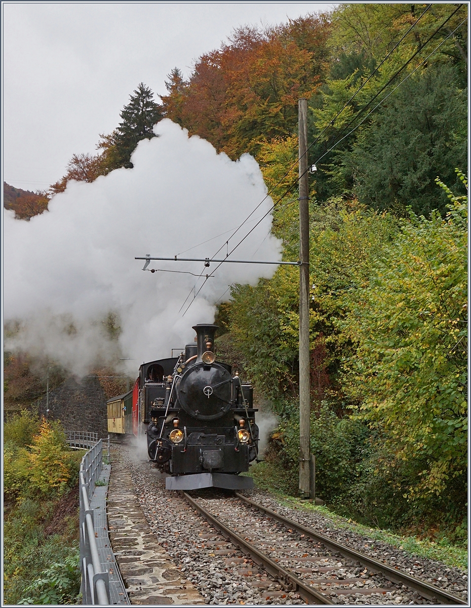 La Dernière du Blonay - Chamby - das 50. Jahre Jubiläum beschliesst die Blonay Chamby Bahn mit einer Abschlussvorstellung: Die BFD HG 3/4 N° 3 mit ihrem Reisezug in der Steigung kurz nach Vers chez Robert auf der Fahrt Richtung Chamby.
28. Oktober 2018