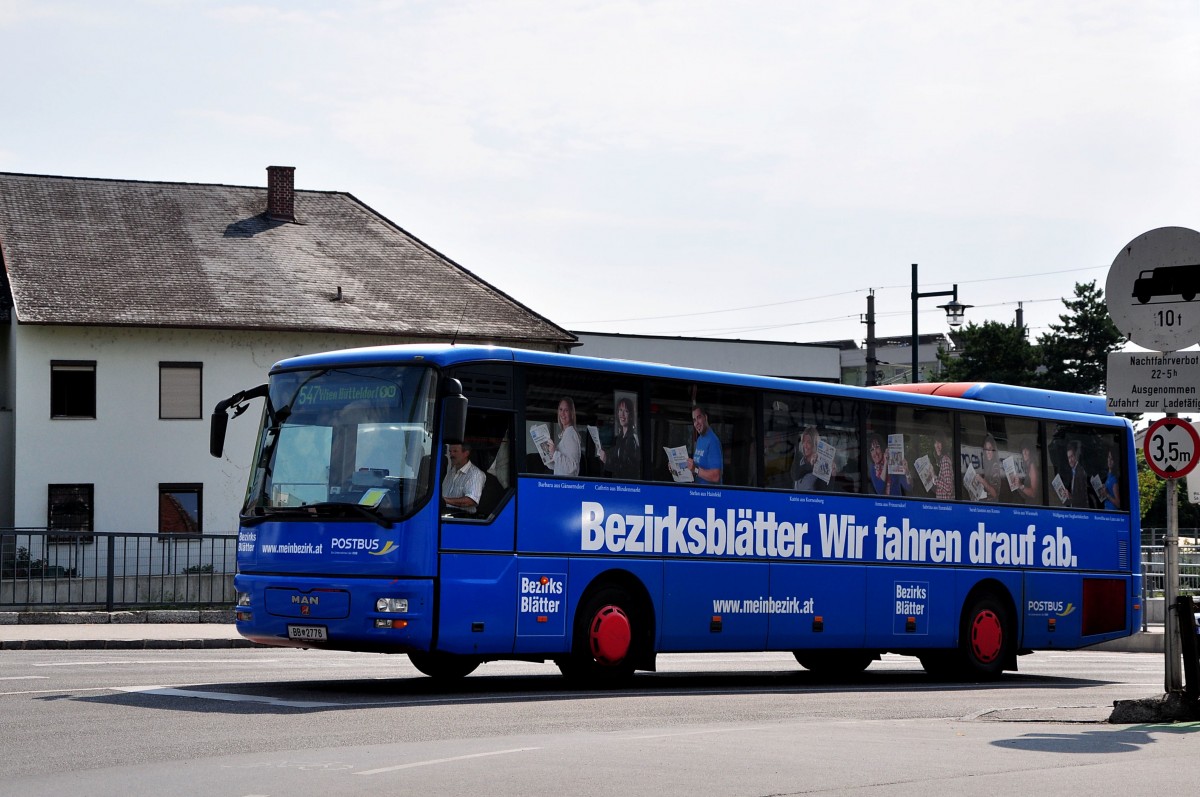 MAN Postbus der BB,Linie Krems-Wien am 17.Juli 2014 in Krems gesehen.