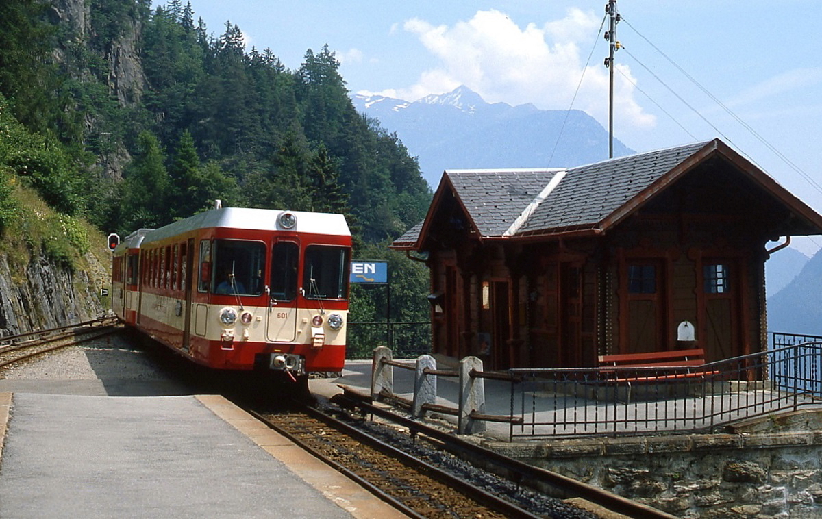 Mit dem fhrenden Steuerwagen 601 fhrt ABDeh 4/4 501 im Juli 1983 in Le Tretien ein