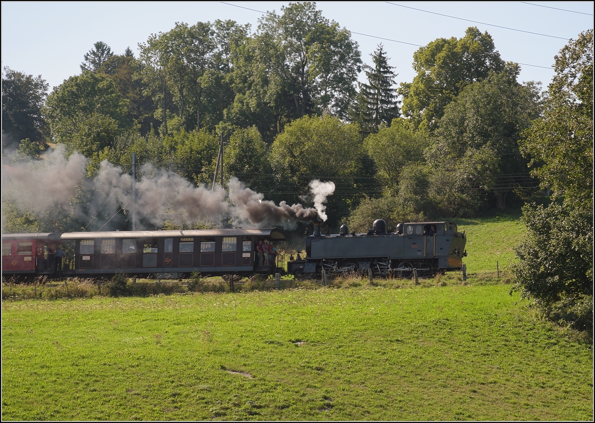 Mit der E 206 nach Tavannes. Vorbeifahrt des La Traction Sonderzuges an Le Bemont. August 2019.