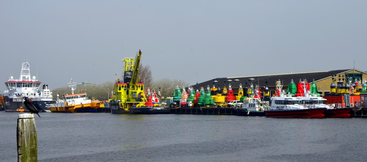 Nicht nur der Vogel hatte einen guten Blick auf die vielen bunten Seezeichen, die im Hafen von Vlissingen auf ihren Einsatz warten, ebenso wie diverse Lotsenboote und Spezialschiffe. (23.04.2015)