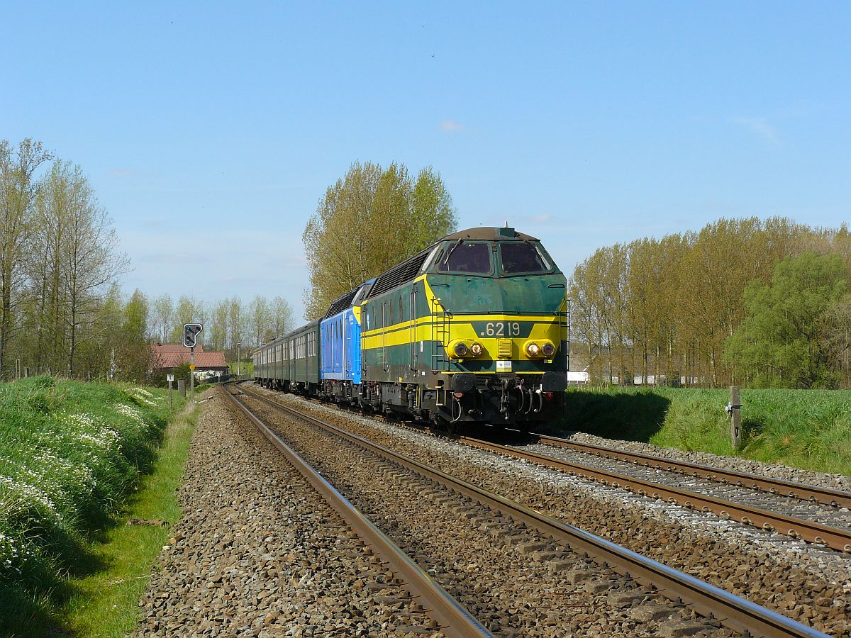 NMBS Diesellok 6219 und 6253 mit M2-Wagen. Sonderfahrt Museumsverein PFT/TSP. Scheldewindeke 05-04-2014.

NMBS diesellocomotieven 6219 en 6253 met M2-rijtuigen gefotografeerd tijdens rondrit van de TSP  Hulde aan de reeks 62 . Scheldewindeke 05-04-2014.