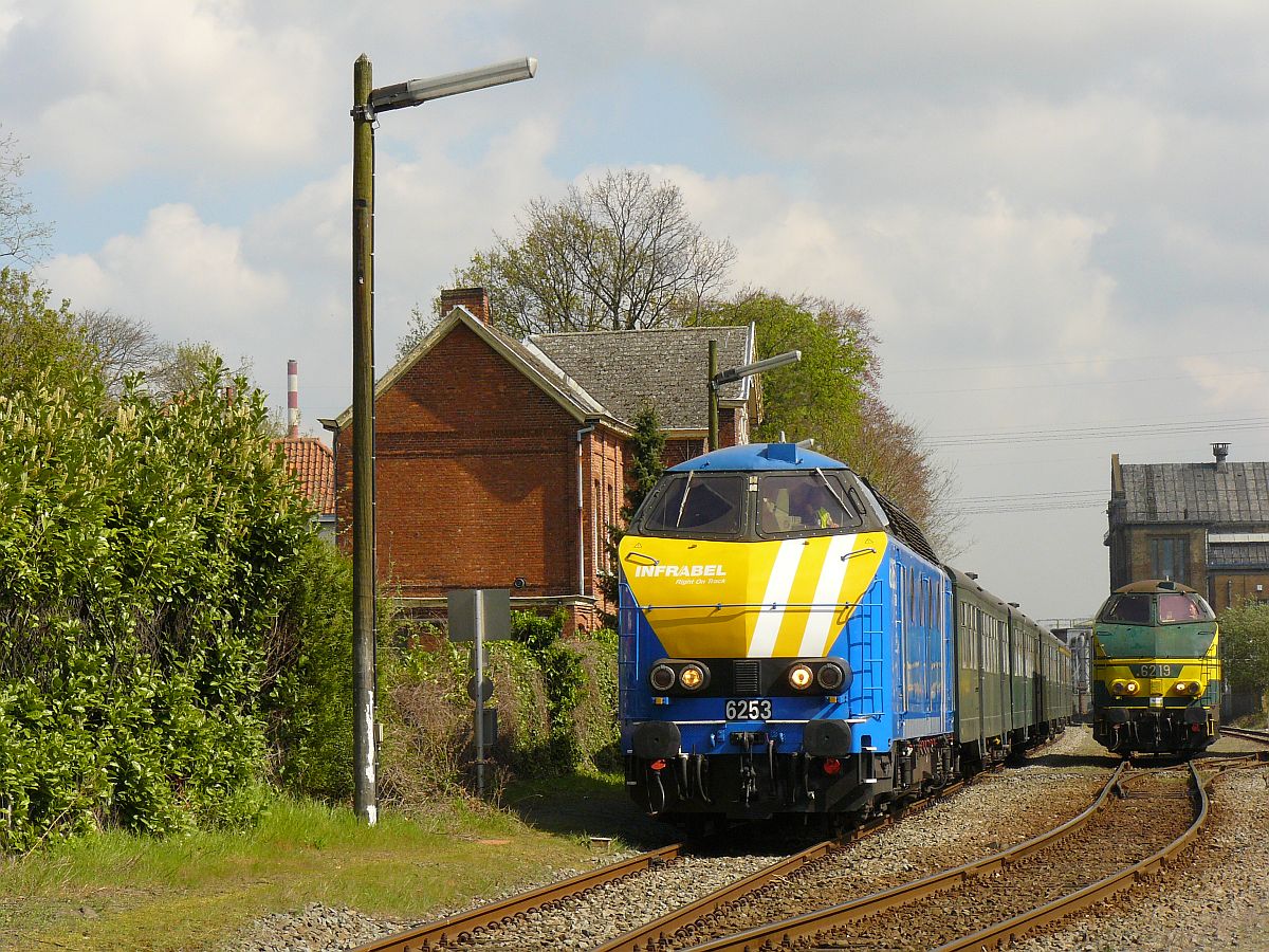 NMBS Diesellok 6253 und 6219 mit M2-Wagen. Sonderfahrt Museumsverein PFT/TSP. Langerbrugge 05-04-2014. 

NMBS diesellocomotieven 6253 en 6219 met M2-rijtuigen gefotografeerd tijdens rondrit van de TSP  Hulde aan de reeks 62 . Langerbrugge 05-04-2014.
