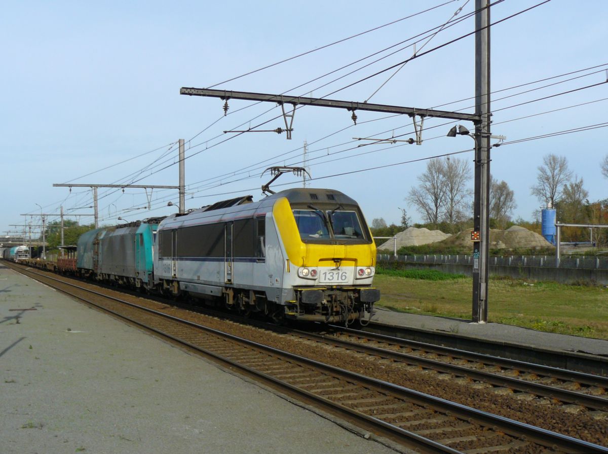 NMBS Lok 1316 und 28XX. Gleis 4 Antwerpen Noorderdokken 31-10-2014.

NMBS locomotief 1316 met loc 28XX in opzending. Spoor 4 Antwerpen Noorderdokken 31-10-2014.