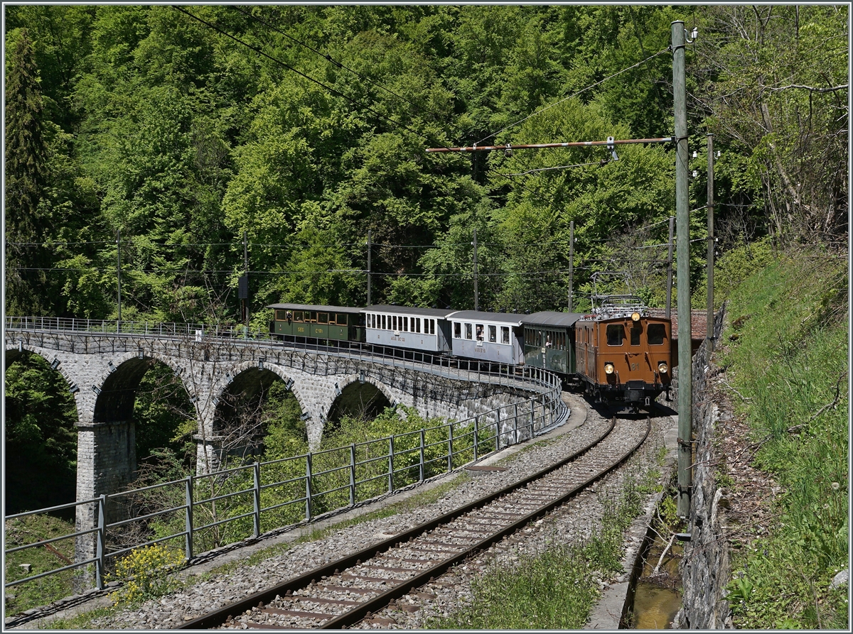  Nostalgie & Vapeur 2021  /  Nostalgie & Dampf 2021  - so das Thema des diesjährigen Pfingstfestivals der Blonay-Chamby Bahn; im Bild die RhB Bernina Bahn Ge 4/4 81 mit einem Personenzug von Blonay nach Chaulin bei  Vers-chez-Robert  in der Baye de Clarens Schlucht. 

23. Mai 2021