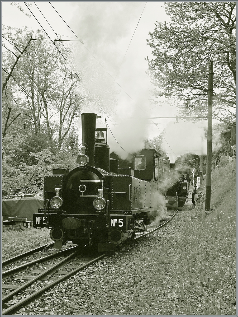 Nostalgie & Vapeur 2021  /  Nostalgie & Dampf 2021  - Nachdem die G 2x 2/2 105 (verdeckt im Hintergrund) ihre Vorräte ergänzt hatte, fährt sie wird sie in den Bahnhof von Chaulin zurück und lässt den Platz der schon wartenden G 3/3 N° 5 (ex LEB). 

24. Mai 2021