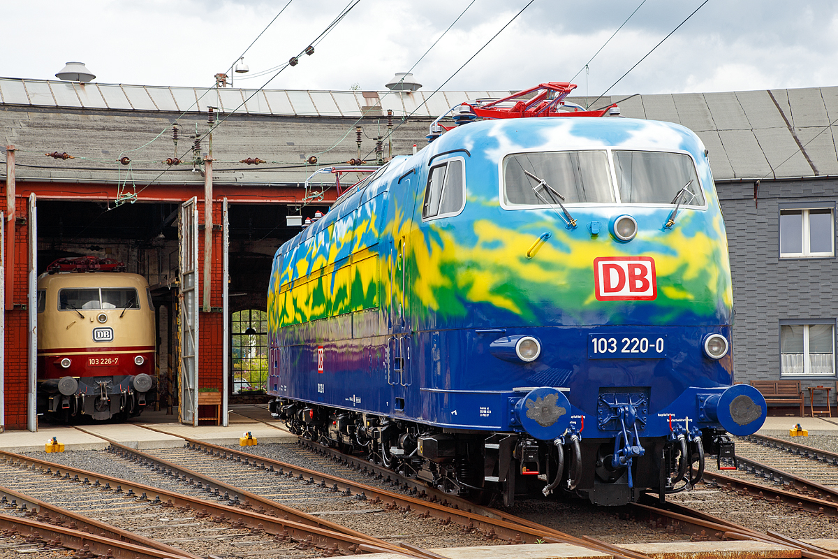 
Nun erstrahlt er wieder....
Der DB-Touristikzug  Paradiesvogel , die 103 220-0 (91 80 6103 220-0 D-DB) am 27.07.2018 im Südwestfälischen Eisenbahnmuseums in Siegen. Mein Lob an Rail-Design Bäcker, ist sehr gut geworden.

Die Lok wurde 1973 bei Krauss-Maffei in München unter der Fabriknummer 19633 gebaut, der elektrische Teil ist von Siemens. Im Jahr 1995 wurde sie für den DB-Touristikzug bunt-gescheckt in saphirblau, laubgrün, verkehrsgelb, himmelblau und reinweiß lackiert, wodurch die Elemente Wasser, Land und Luft versinnbildlicht wurden. Die z-Stellung erfolgte bereit 2002, aber erst im Dezember 2012 wurde sie ausgemustert, seit 2013 ist sie im Bestand vom DB Museum.

Die Lok ist – abgesehen von einer Hauptuntersuchung und abgefahrenen Radsätzen – betriebsfähig. 