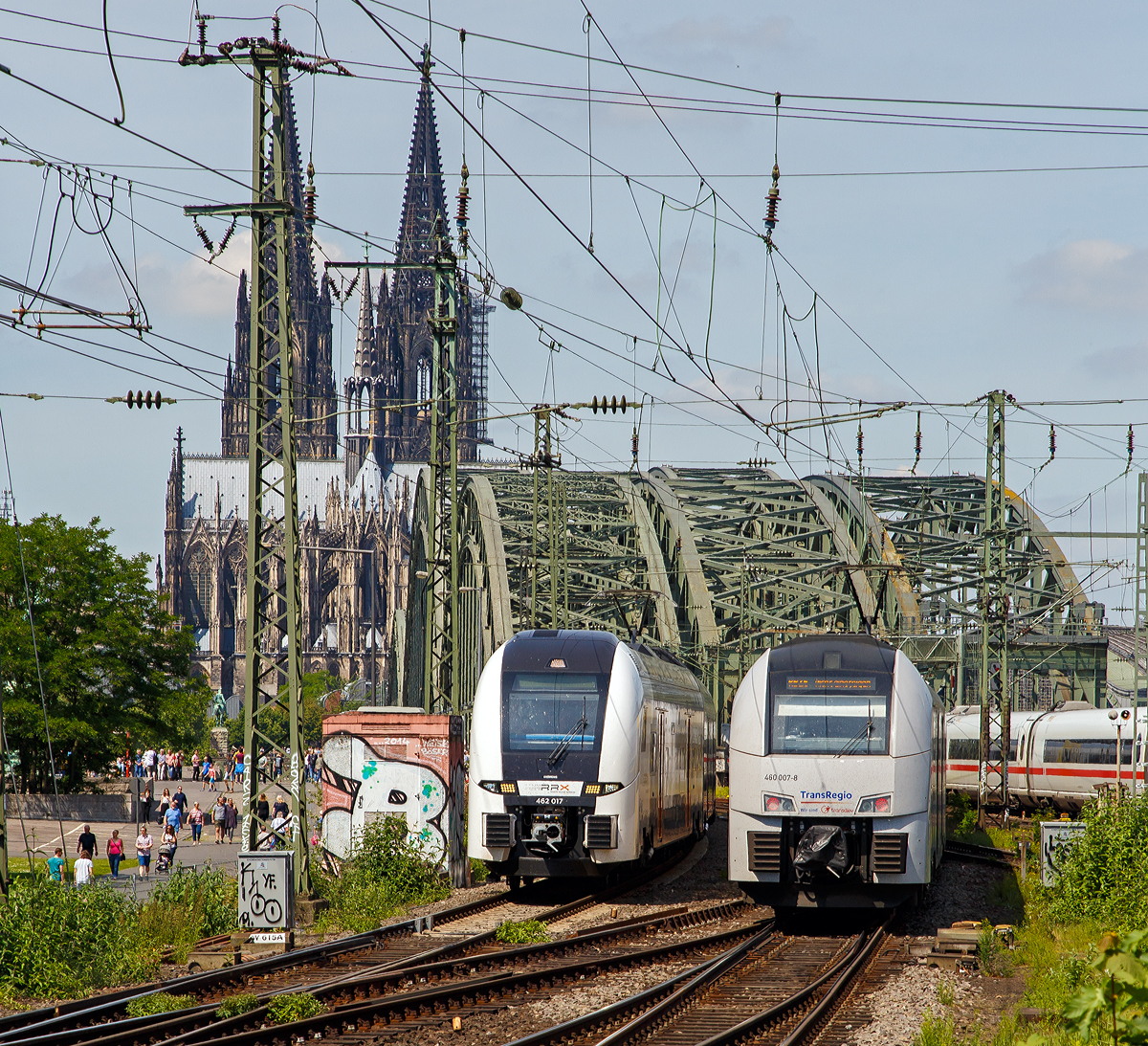 
Recht schlecht kann man die Verwandtschaft noch erkennen, rechts fährt gerade ein Siemens Desiro MainLine (BR 460) der Trans Regio in Richtung Hohenzollernbrücke und links erreichten zwei gekuppelte vierteilige Siemens Desiro HC (462 017 und 462 019) des RRX Rhein-Ruhr-Express (betrieben vom der National Express) am 01.06.2019 bald den Bahnhof Köln Messe/Deutz.