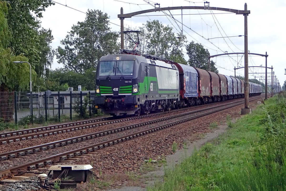 RFO 193 734 schleppt ein Stahlzug durch Hulten am 16 Augustus 2019.