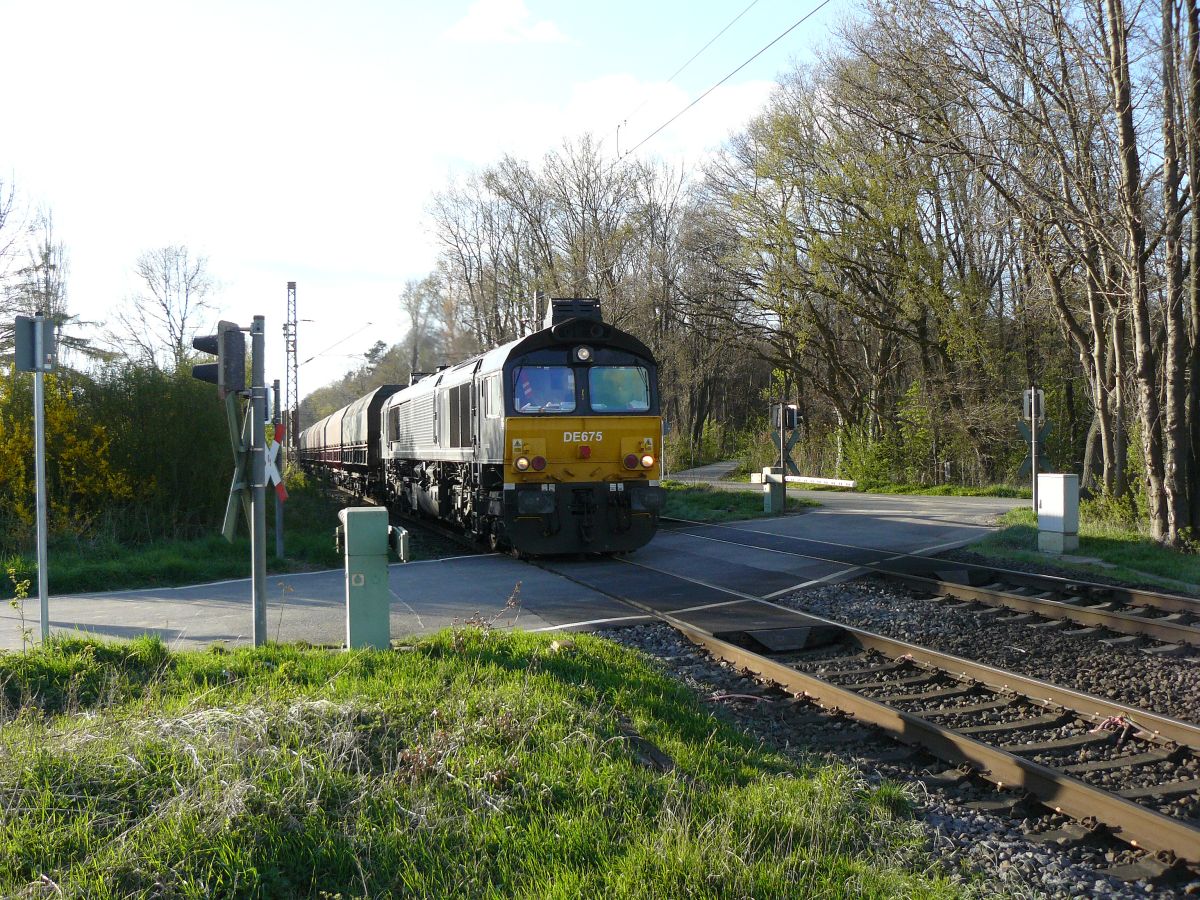 Rhein Cargo Class 66 Diesellocomotive DE 675 Waldweg, Rees bei Emmerich am Rhein 18-04-2015.

Rhein Cargo Class 66 diesellocomotief DE 675 Waldweg, Rees bij Emmerich 18-04-2015.