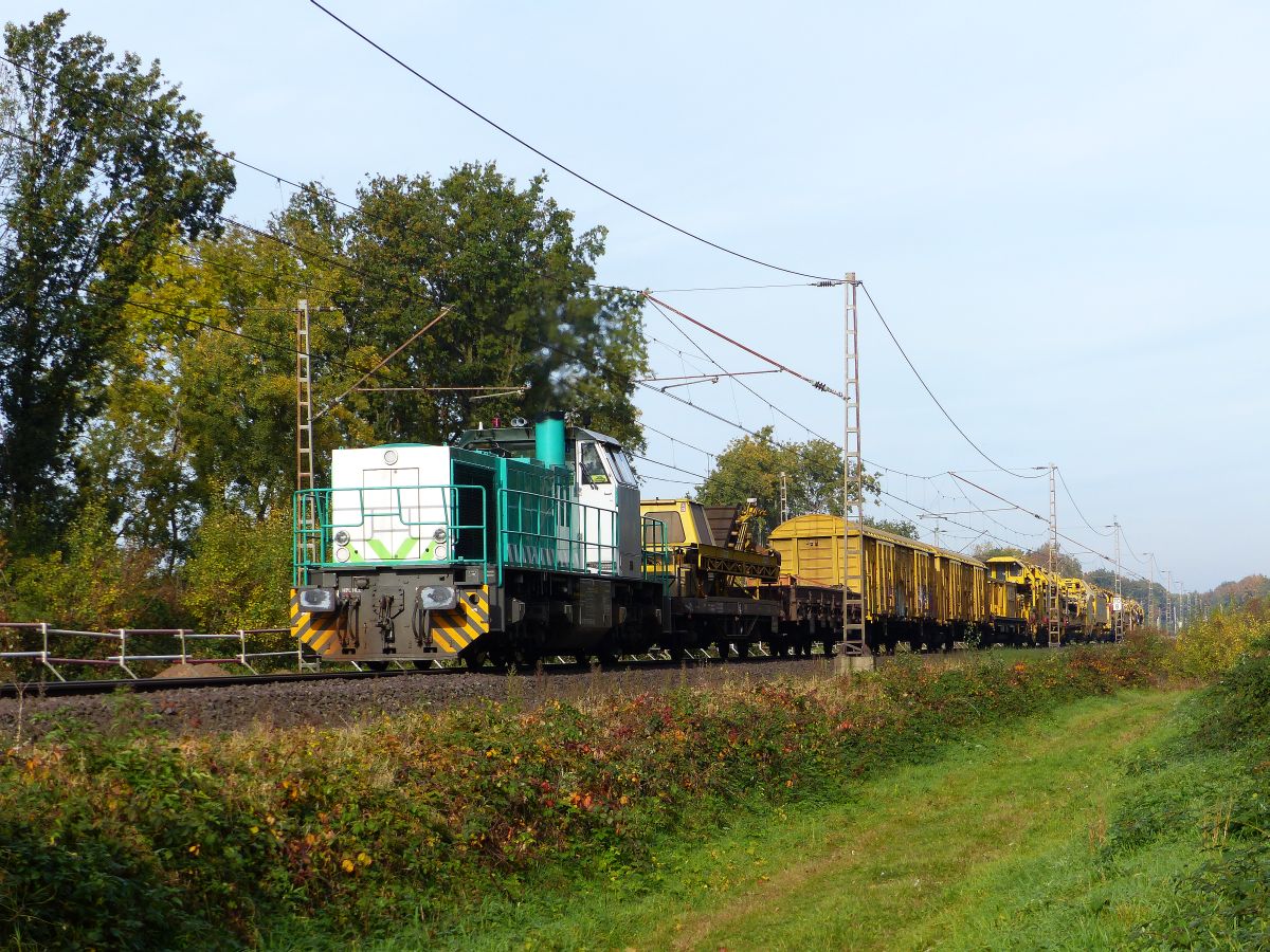 RTS (Rail Transport Service GmbH) Swietelsky Diesellokomotive 1275 Haagsche Strasse, Elten 30-10-2015.

RTS (Rail Transport Service GmbH) Swietelsky diesellocomotief 1275 met werktrein Haagsche Strasse, Elten 30-10-2015.