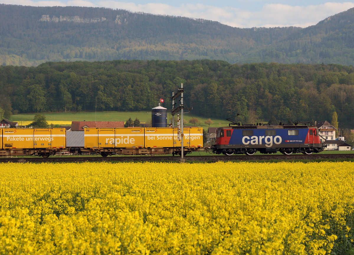 SBB: Postzug in zu den Postcontainern passenden Umgebung bei Niederbipp mit einer Re 421 auf der Fahrt nach Hrkingen am 3. Mai 2016.
Foto: Walter Ruetsch