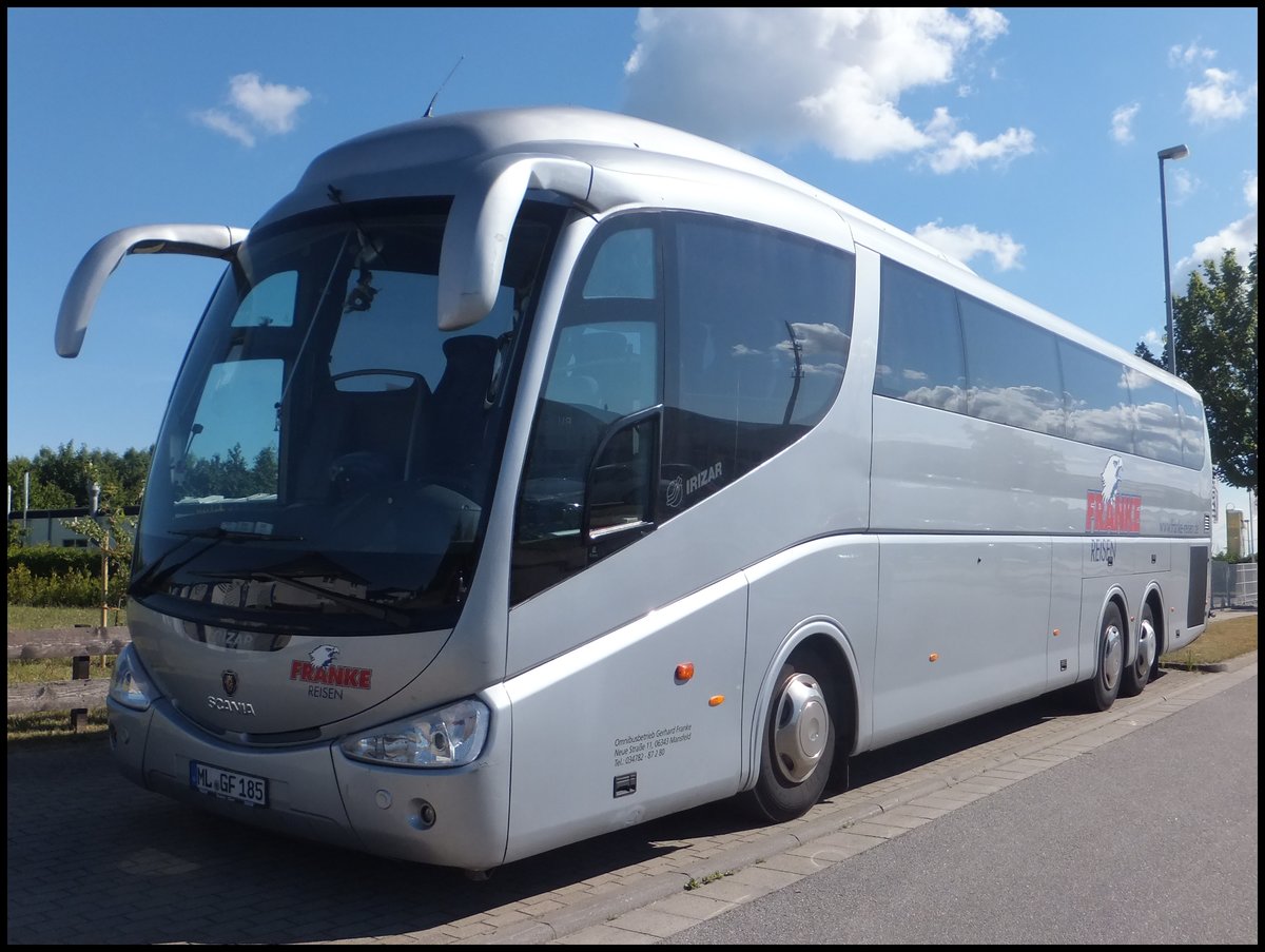 Scania Irizar von Franke-Reisen aus Deutschland im Gewerbegebiet Sassnitz.