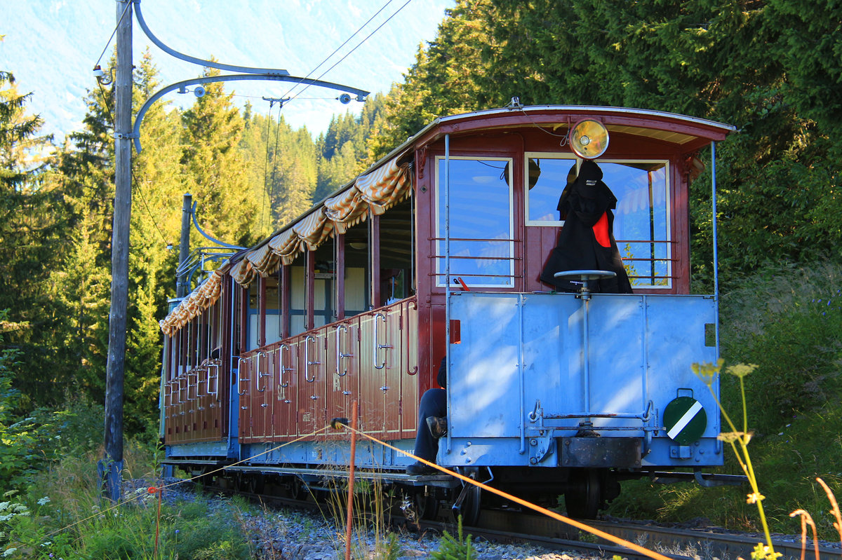 Schynige Platte Bahn: Die historisch hergerichteten offenen Wagen 6 und 8 im Aufstieg unterhalb Breitlauenen, 23.August 2016. 