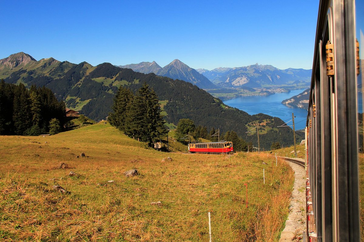 Schynige Platte Bahn: Lok 20 mit den Wagen 45 und 46 im Abstieg oberhalb Breitlauenen, 23.August 2016. 