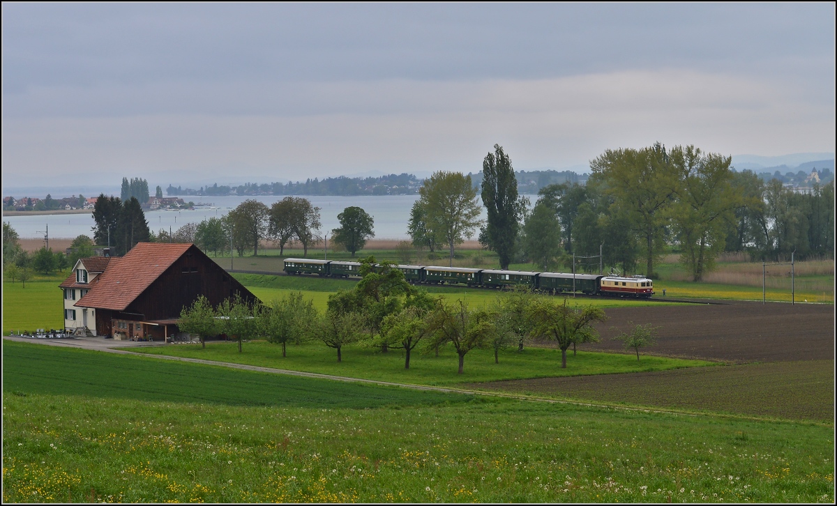 TEE am See. Die Re 4/4 I 10034 im Rot/Creme-Gewand und historischen SBB-Wagen am Untersee bei Triboltingen. Mai 2014.