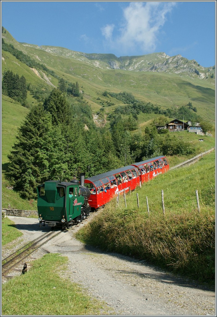 Und weiter geht die Fahrt Richtung Rothorn mit der BRB H 2/3 16 welche nun frisch getrnkt ihren Zug N 5 Bergwrts schiebet. 
Bei Planalp, den 30 August 2013