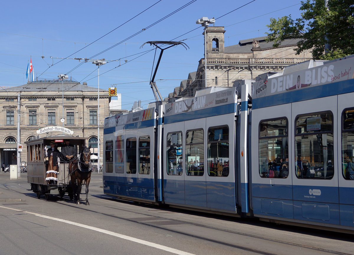 ZÜRCHER TRAMPARADE 2017 
VBZ: Aus Anlass des Jubiläums 50 Jahre Verein Tram-Museum Zürich und 10 Jahre Tram-Museum Burgwies wurde am Sonntagmorgen, 21. Mai 2017 ein einmaliger Tram-Korso durchgeführt. 

Beteiligt waren nicht weniger als 17 Strassenbahnwagen vom sonst im Verkehrshaus zu sehenden Rösslitram über das älteste elektrische Tram mit Jahrgang 1897 bis zum modernen Niederflurfahrzeug. Was diese einzigartige Parade noch spezieller machte waren die mitfahrenden Passagiere, welche alle epochengerecht gekleidet waren. Der Korso begann um 9 Uhr am Limmatquai und führt über Bellevue – Quaibrücke – Paradeplatz – Hauptbahnhof – Central zurück an den Ausgangsort. Anschliessend an die Rundfahrt blieben die mit ihren Passagieren bevölkerten historischen Wagen bis 11 Uhr am Limmatquai zwischen Münsterbrücke und Rudolf Brun Brücke zur Besichtigung.
Foto: Walter Ruetsch
