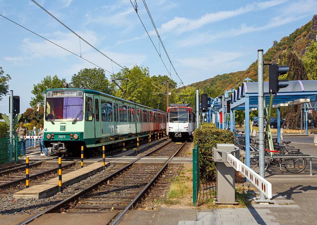 
Zwei gekuppelte DÜWAG B 100S Hochflur-Gelenktriebwagen (TW 7577 und TW 7575) der SSB (Elektrische Bahnen der Stadt Bonn und des Rhein-Sieg-Kreises) verlassen am 28.08.2018 die Station Rhöndorf Bf, und fahren als Linie 66 weiter in Richtung Bad Honnef. Diese Hochflurstadtbahnwagen vom Typ B 100S (mit geteilte Frontscheibe) wurden 1975 von DÜWAG gebaut.  

Recht in Gegenrichtung die beiden gekuppelten Triebwagen 7651 und 7459 der SWB (Stadtwerke Bonn Verkehrs GmbH), zwei modernisierte DUEWAG Stadtbahnwagen vom Typ B 80C-Z (ex B 100S) die, wenn gleich das Gleis frei ist, in Richtung Bonn weiter fahren.