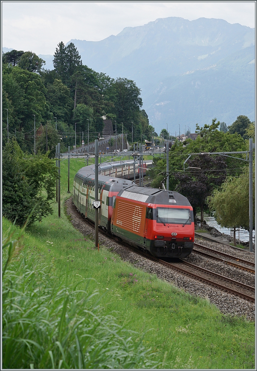 Zwei SBB Re 460 (davon eine im Hintergrund mittige gereiht) sind mit einem IR 90 in Richtung Brig bei Villeneuve unterwegs. 

27. Juli 2021