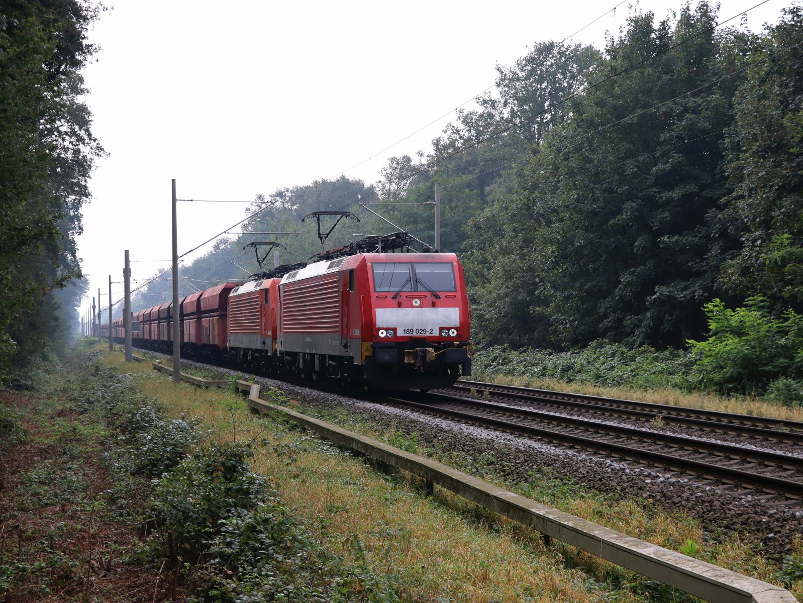 DB Cargo Lokomotive 189 020-9-2 mit Schwesterlok bei Bahn�bergang Haagsche Strasse, Emmerich am Rhein 19-09-2024.

DB Cargo locomotief 189 020-9-2 met zusterloc bij overweg Haagsche Strasse, Emmerich 19-09-2024.
