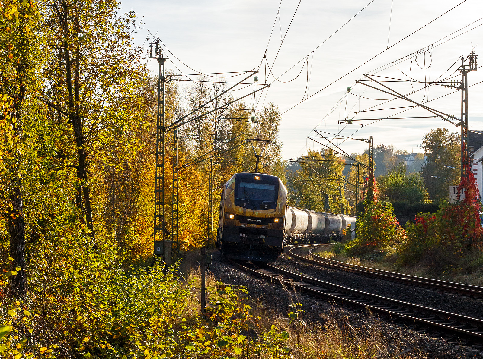 Die fast noch Fabrikneue, gerade mal sechs Wochen alt, und an die dispo-Tf Rail GmbH (Berlin) vermietete Stadler EURO 9000 der ELP - European Loc Pool AG (Frauenfeld/CH) 2019 317-7 (90 80 2019 317-7 D-ELP) fährt am 26 Oktober 2024, mit einem Zuckerzug (VTG Wagen der Gattung Uagnpps), durch Kirchen (Sieg) in Richtung Siegen. Vermutlich ist sie hier an die RTB CARGO GmbH (Düren) untervermietet.

Die Stadler EURO 9000 eine Co'Co'- DualModeLok wurde 2024 von Stadler Rail Valencia S.A.U. in Albuixech (Spanien) unter der Fabriknummer 4339 gebaut und am 18.09.2024 an die ELP - European Loc Pool AG in Frauenfeld (CH) ausgeliefert. Seit dem 18.09.2024 ist sie auch an die dispo-Tf Rail GmbH (Berlin) vermietet.

