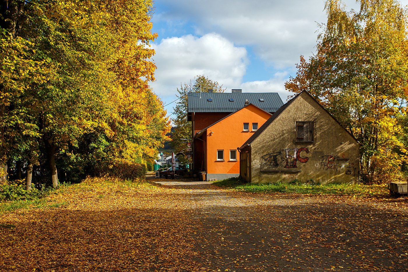 Es ist Herbst, auch beim Bahnhof Herdorf, hier am 14 Oktober 2025 in östlicher Blickrichtung. 
