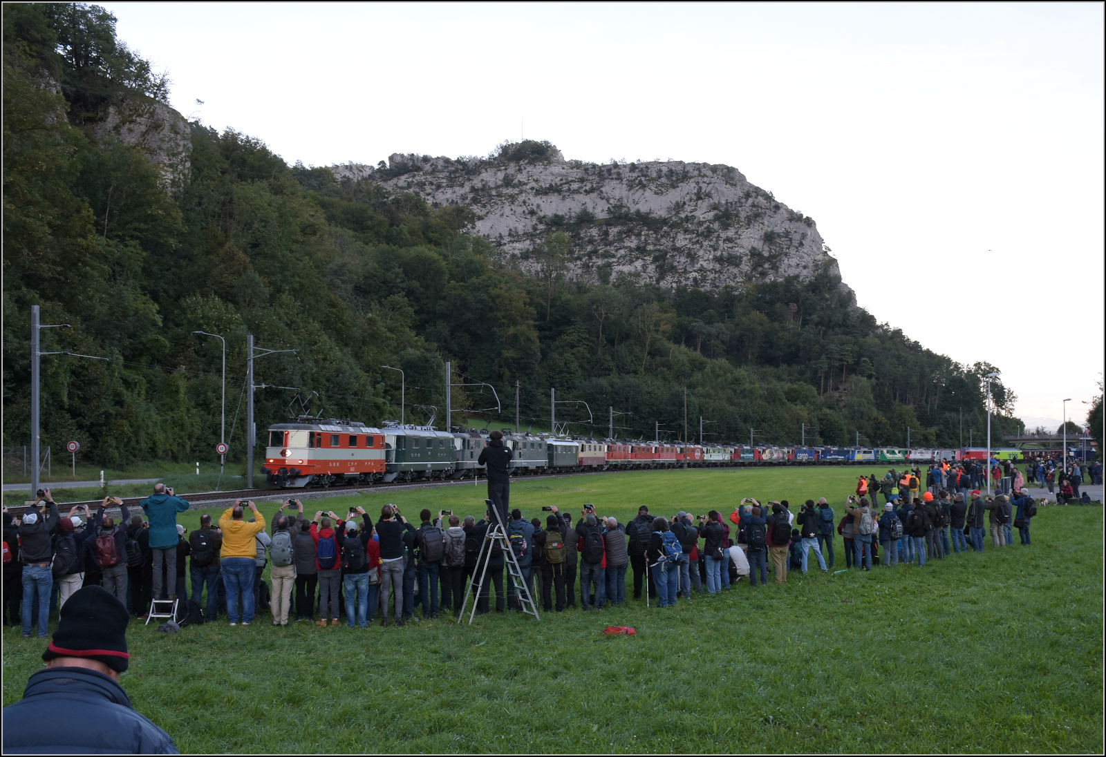 Grosses BoBo-Treffen in Balsthal: 60 Jahre Re 4/4 II in der Schweiz. 

Jeder braucht noch sein Bild vom grossen Ereignis. Von vorne nach hinten sind im Zug in der �usseren Klus zusammengestellt: Re 4/4 II 11141 (Swiss Express), 11173 (gr�n im Auslieferungszustand), 11335 (gr�n), 11161 (gr�n), Re 4/4 I 10039 (gr�n), Re 4/4 II 11393 (TEE), Re 4/4 III 11350 (rot), Re 4/4 II 11193 (rot), Re 4/4 11130 (rot), 11230 (Lion), 11257 (Entsorgung), 11252 (Wartung mit Durchblick), 11251 (175 Jahre Schweizer Bahnen), 11160 (Cargo), 11379 (Z�rich-M�nchen), 11117 (WRS 502), 11142 (MBC 506), 11119 (Rhomberg-Sersa 503), Re 456 095 (SOB), Re 460 058 (SBB), Re 465 011 (BLS), Ae 4/4 251 (BLS), Re 4/4 183 (BLS) und Re 450 012 (S-Bahn).

Oensingen, September 2024.