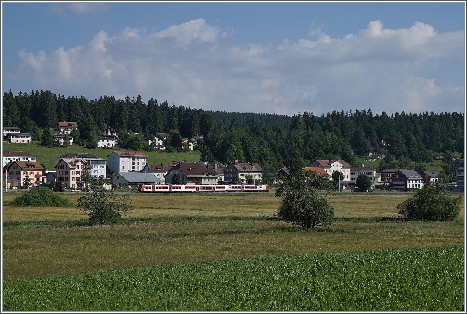 Kurz vor der Umstellung auf das neue Betriebskonzept mit den direkten Zügen Le Brassus - Aigle: Der TRAVYS RBDe 560 385-7 (RBDe 560 DO TR 94 85 7560 385-7 CH-TVYS)  Lac de Joux  ist als Regionalzug von Le Brassus nach Vallorbe unterwegs und konnte zwischen Le Brassus und Sentier Orient fotografiert werden. 

16. Juni 2022