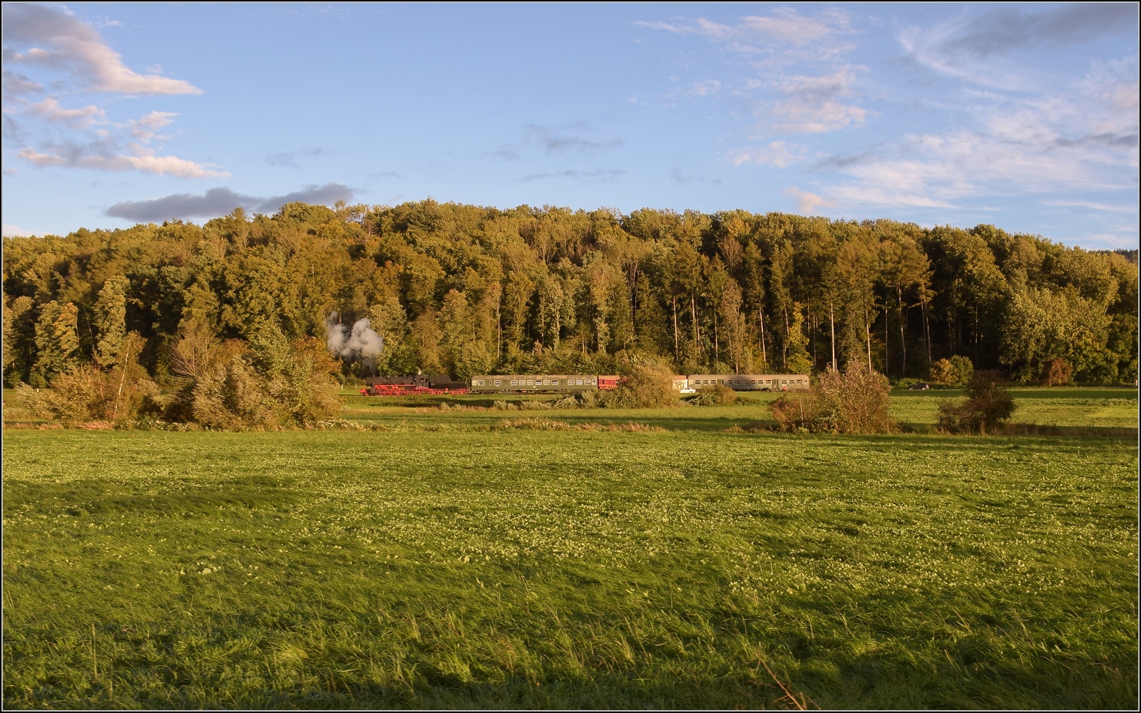 Schienenverkehr am Schienerberg.

52 7596 mit ihrem EFZ-Sonderzug für die SEHR&RS zwischen Ramsen und Rielasingen auf der letzten Fahrt des Tages. Oktober 2022.